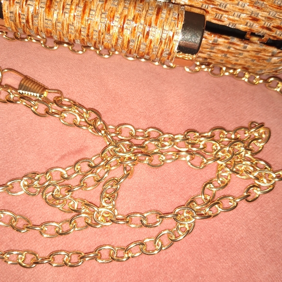 Rattan Hard Case Clutch Purse Brown Boho Woven Wicker Bag Crossbody Chain Strap - Picture 8 of 14